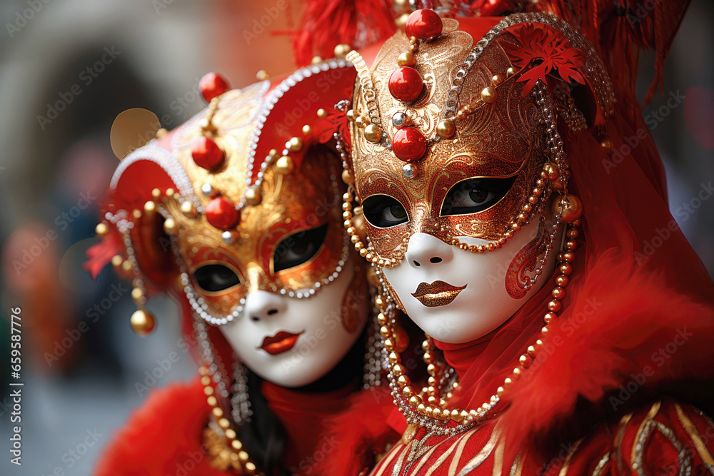 persons in gorgeous red and gold Venetian masks at the carnival