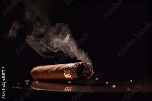 Cuban cigar with smoke, close up view with details, atmospheric light and background. generative AI