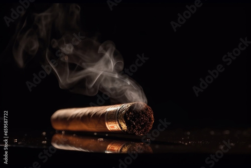 Cuban cigar with smoke, close up view with details, atmospheric light and background. generative AI