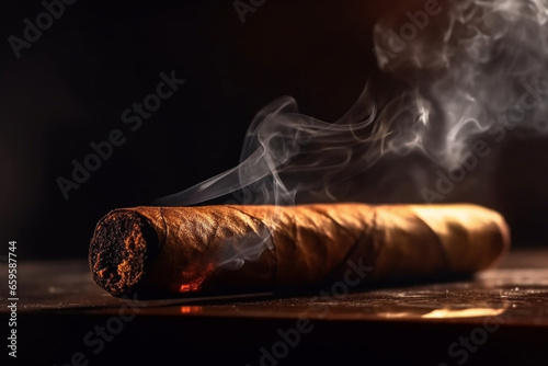 Cuban cigar with smoke, close up view with details, atmospheric light and background. generative AI © marcin jucha