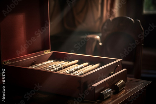 Box of cuban cigars on wooden table, atmospheric light. Generative AI