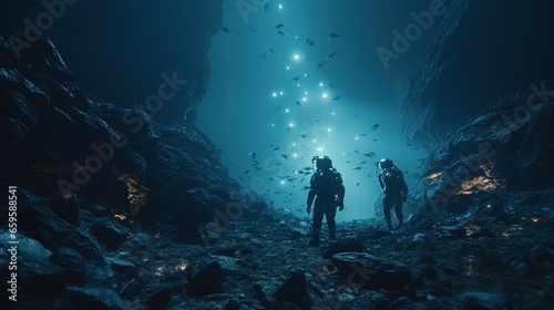 People Hiking in an Mystichal After War Cave with Magic al and Dangerous Blue Crystals.