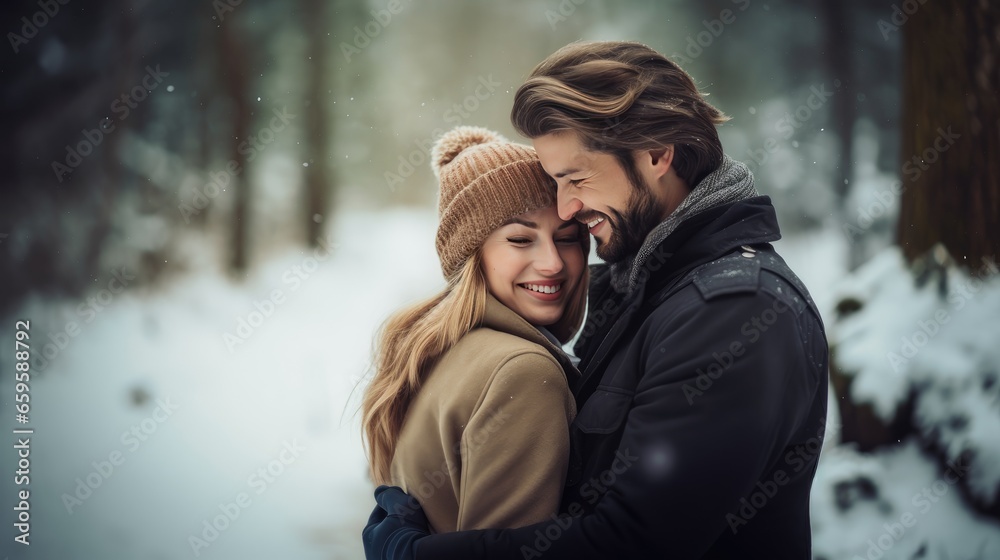 Winter Love: A happy interracial couple embraces in the snowy forest, radiating love and joy. Winter Love: A happy interracial couple embraces in the snowy forest, radiating love and joy.