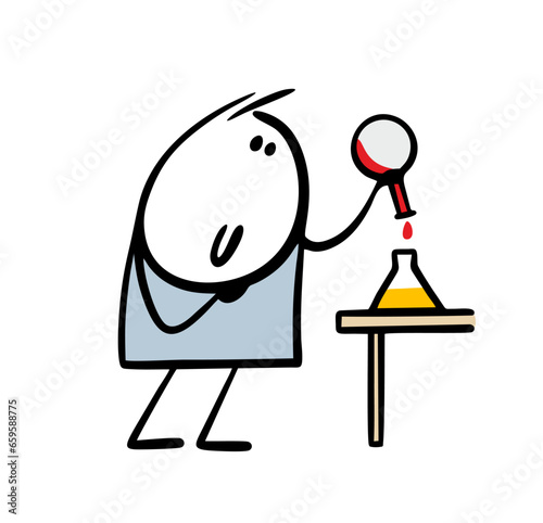 Student at chemistry lesson in classroom pours out liquid, mixes ingredients. Vector doodle illustration of chemist scientist puts tests in cartoon laboratory.