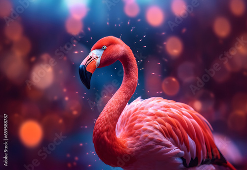 Bokeh portrait of a flamingo in the background of blured lights. AI.