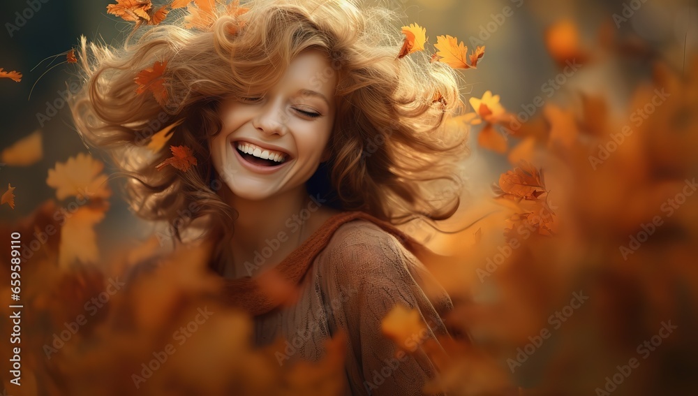 beautiful autumn woman smiling and laughing