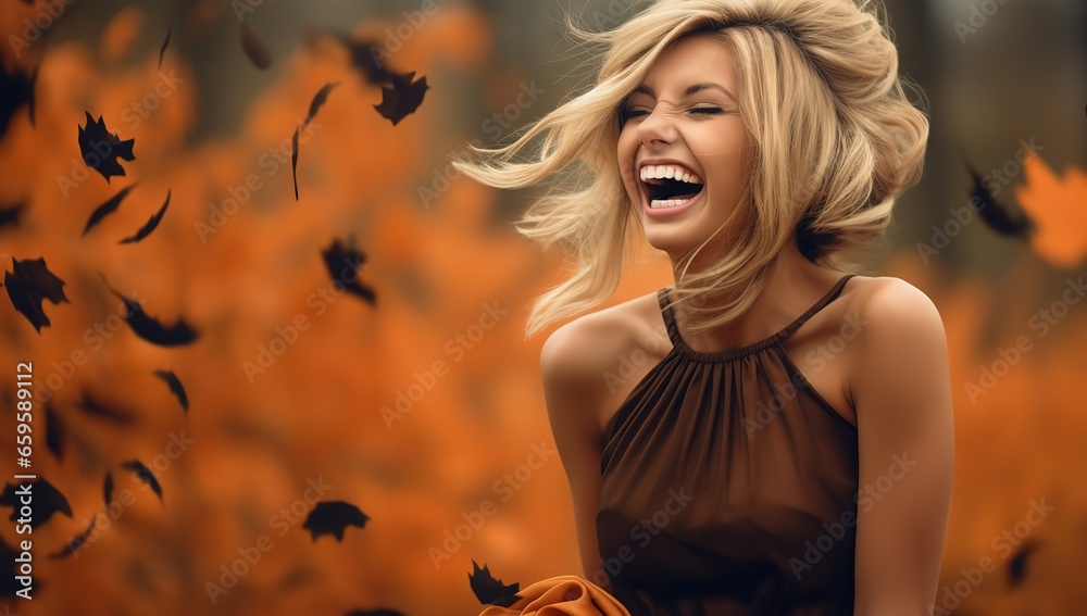 Naklejka premium cheerful blonde woman laughing outdoors