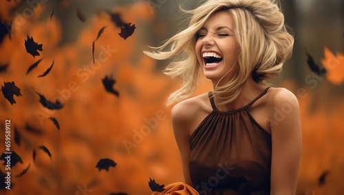 cheerful blonde woman laughing outdoors