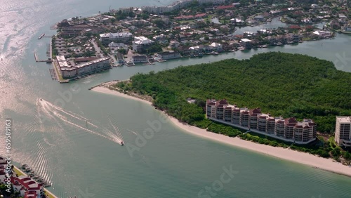 The San Marco Island with residential mansions at sunny daytime in Florida.  Wide shot of drone photo