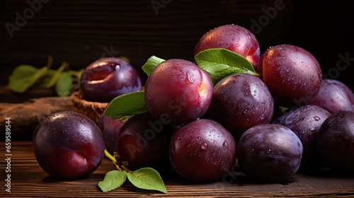 Indulge in the sweetness of ripe plums presented on a rustic wooden table, highlighting the bounty of nature's harvest