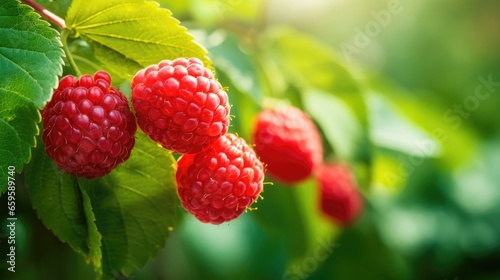Celebrate the season's bounty with an inviting photograph of a raspberry-laden branch against a backdrop of luscious green leaves, showcasing nature's vibrant colors