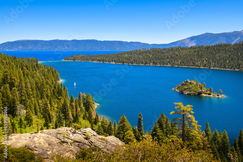 Fannette Island and the Emerald Bay of Lake Tahoe, California. The island is approximately 150 feet in height, and it is the only island on Lake Tahoe.