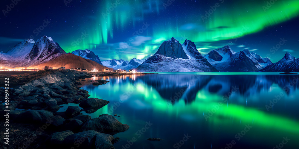 Amazing view of northen lights in Norway. Beutiful sky and reflection. Breathing mountain view in winter. AI generated image.