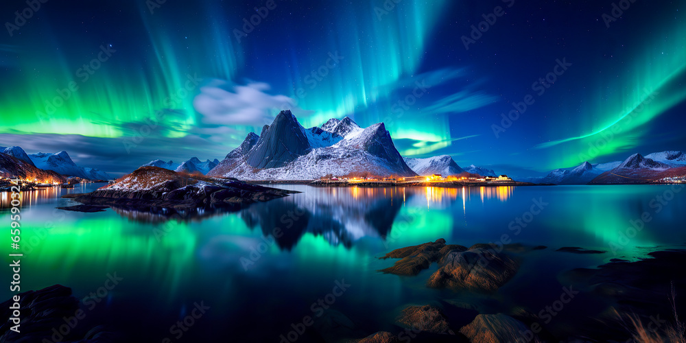 Amazing view of northen lights in Norway. Beutiful sky and reflection. Breathing mountain view in winter. AI generated image. - obrazy, fototapety, plakaty 