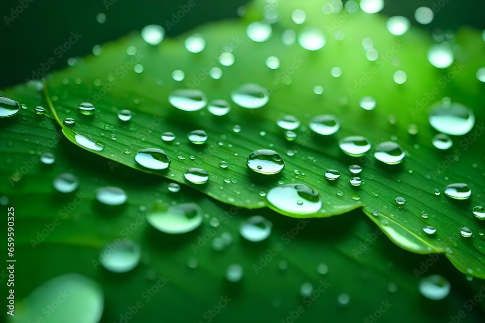 beautiful drops of  transparent rain water on a green leaf macro