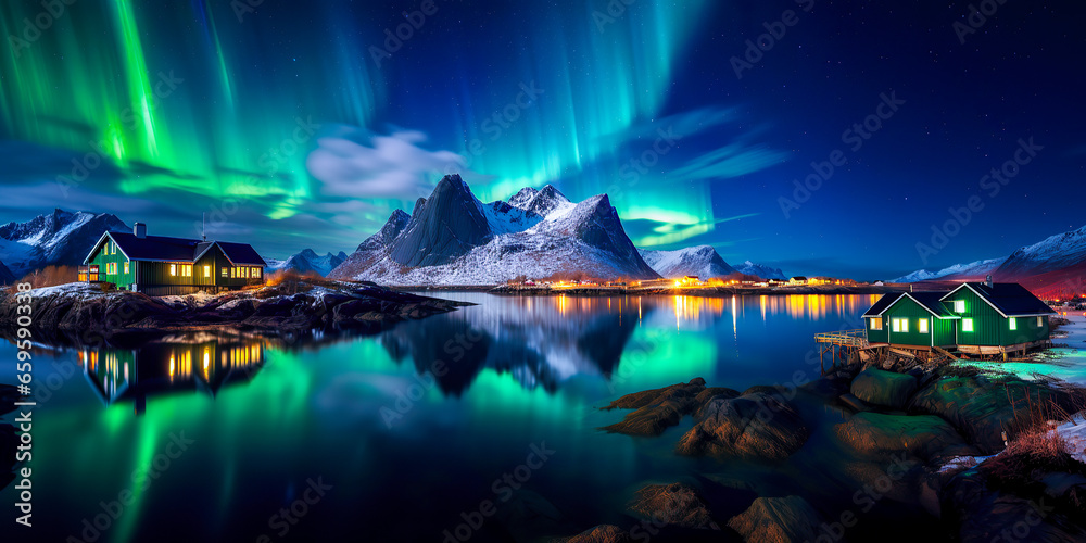 Amazing view of northen lights in Norway. Beutiful sky and reflection. Breathing mountain view in winter. AI generated image.