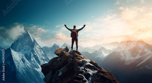 Mountainer with arms up standing on the top of the mountain - Successful man enjoying triumph - Sport and success concept