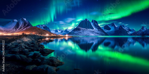 Amazing view of northen lights in Norway. Beutiful sky and reflection. Breathing mountain view in winter. AI generated image. © Koray