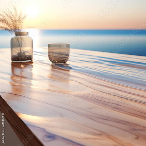 Empty plank white wood table top with blur blue sky and sea boekh background,summer holiday photo