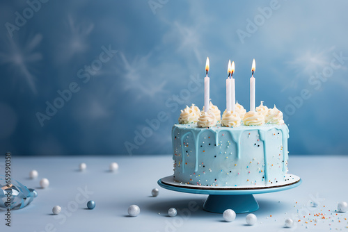 Fresh baked birthday cake with four candles. Blue back ground, photo