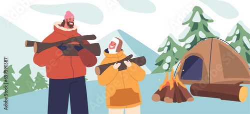 Father and Son Collecting Brushwood During Winter Camping Adventure. Characters Spending Cozy Family Time
