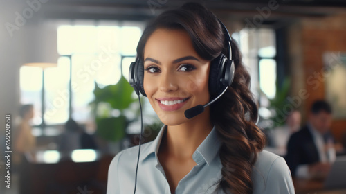 Telemarketing attractive Hispanic business woman, smiling. Nice, industrial office faded background, with people and plants.