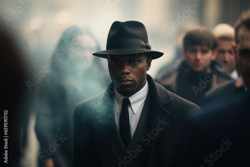 Elegant Black Buisness Man, Smoking a Cigarette with a Dark Elegant Suit.