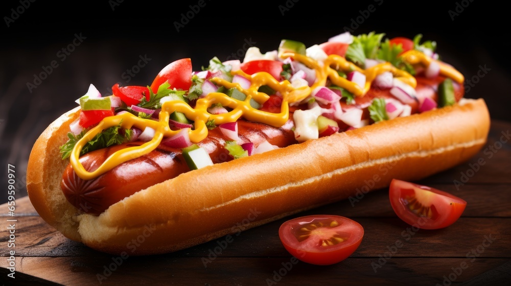 Delicious hot dog with ketchup, mustard and toppings on a wooden table, mouth watering, studio shot Delicious hot dog with ketchup, mustard and toppings on a wooden table, mouth watering, studio shot
