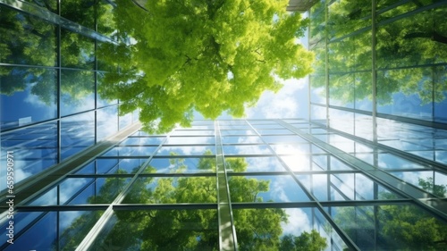 Looking up to the sky, close up view of office windows with reflection of green tree environment. Generative AI image weber.