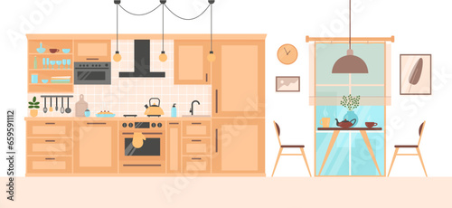 Kitchen interior in flat style. Hot tea on a table and just cooked pie. Day time in city apartment dining room cooking area and home mood