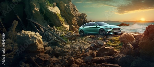 car with background under the cliff and under the sky