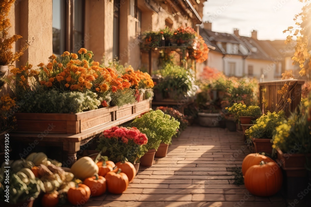Autumn harvest, blooming flowers in pots in a picturesque area of Italy