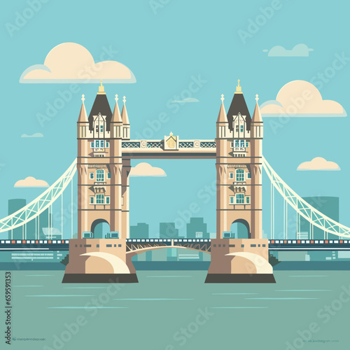 simple flat 2D illustration, vector illustration, simple colors, tower bridge in London. Touristic site in the heart of the capital city London in the united kingdom. Famous tourist attraction. Suspen