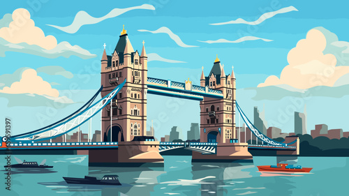 simple flat 2D illustration, vector illustration, simple colors, tower bridge in London. Touristic site in the heart of the capital city London in the united kingdom. Famous tourist attraction. Suspen