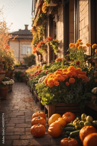 Beautiful autumn terrace with orange flowers, pumpkins and vegetables at sunset