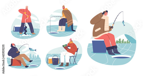 Braving Winter Chill, Characters Gather On Frozen Lakes. Bundled Up, They Drill Holes, Cast Lines, And Await Adventures