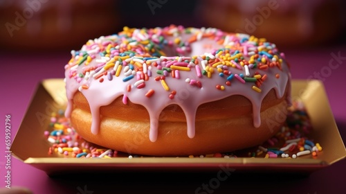 A delicious doughnut is sitting in a box covered in sprinkles and icing.