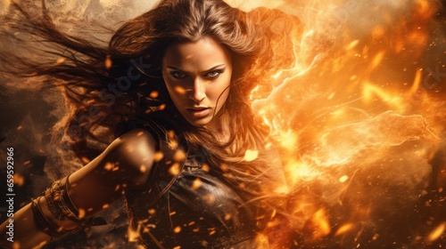 collage photo of strong warrior woman fighting with fire around her, intense and dramatic shot #659592966
