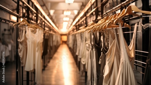 A hanging clothes rack in the corridor in backstage of fashion show. photo