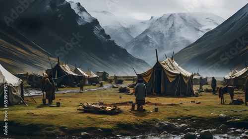 Peaceful landscape with mountains and river. Morning fog. Leather tents.
