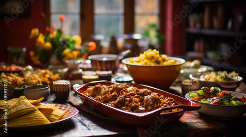 Cena navideña o de fin de año con comida mexicana y una mesa festiva lista para la celebracion de fin de año photo