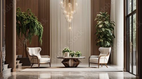 In a hall adorned with wood cladding and white marble flooring, a modern beige armchair, small wooden table, green bush planter, and tall glass chandelier create a stylish ensemble.