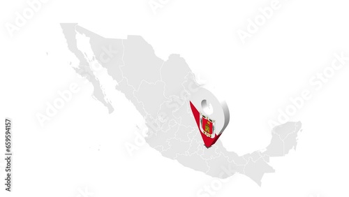 Location Tlaxcala on map Mexico. 3d State of Tlaxcala flag map marker location pin. Map of  Mexico showing different parts. Animated map Provinces and Territories of Canada. 4K.  Video photo