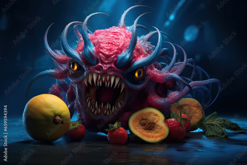 Abstract colorful scary fruit monster with fruits.