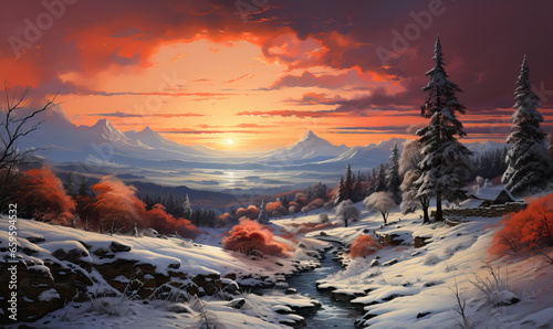 Fabulous winter landscape snow-capped mountains at sunrise. photo