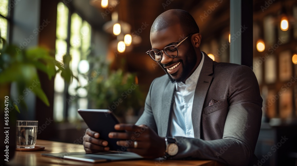 moment of a contemplative black man sitting at a wooden table, deep in thought, with a digital tablet in hand-a modern, remote working or studying concept moment of a contemplative black man sitting at a wooden table, deep in thought, with a digital tablet in hand-a modern, remote working or studying concept