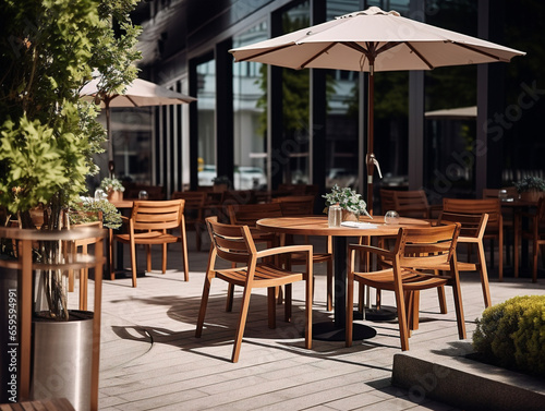 A tranquil outdoor cafe with cozy seating surrounded by lush greenery and soothing ambiance.