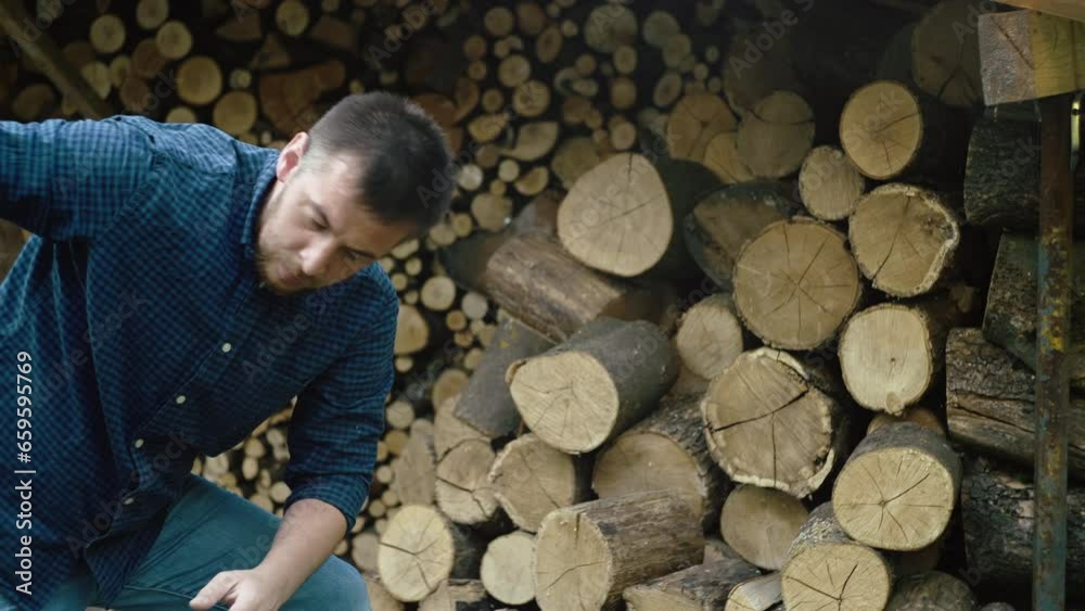 A European man piles firewood. the boy works and stacks the logs for chopping one on top of the other. High quality 4k footage A European man piles firewood. the boy works and stacks the logs for chopping one on top of the other. High quality 4k footage