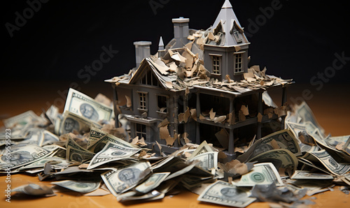 Burning banknote house on a dark background. photo