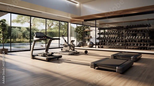 Luxurious Home Gym Equipped with High-End Workout Equipment and Abundant Natural Light.